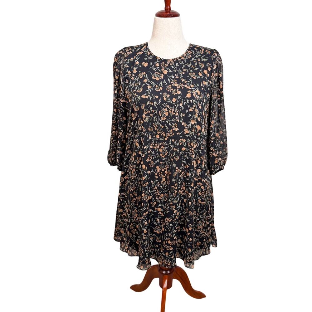 Calvin Klein dress 3/4 sleeve scoop neck black floral swing lined Sz 10
